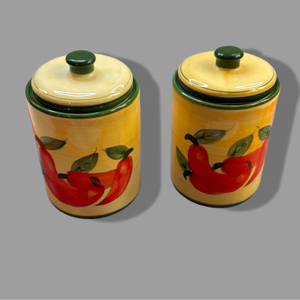 Vintage Hand Painted Ceramic Canister Set of 2 Yellow w/ Red Pepper 90s Kitchen